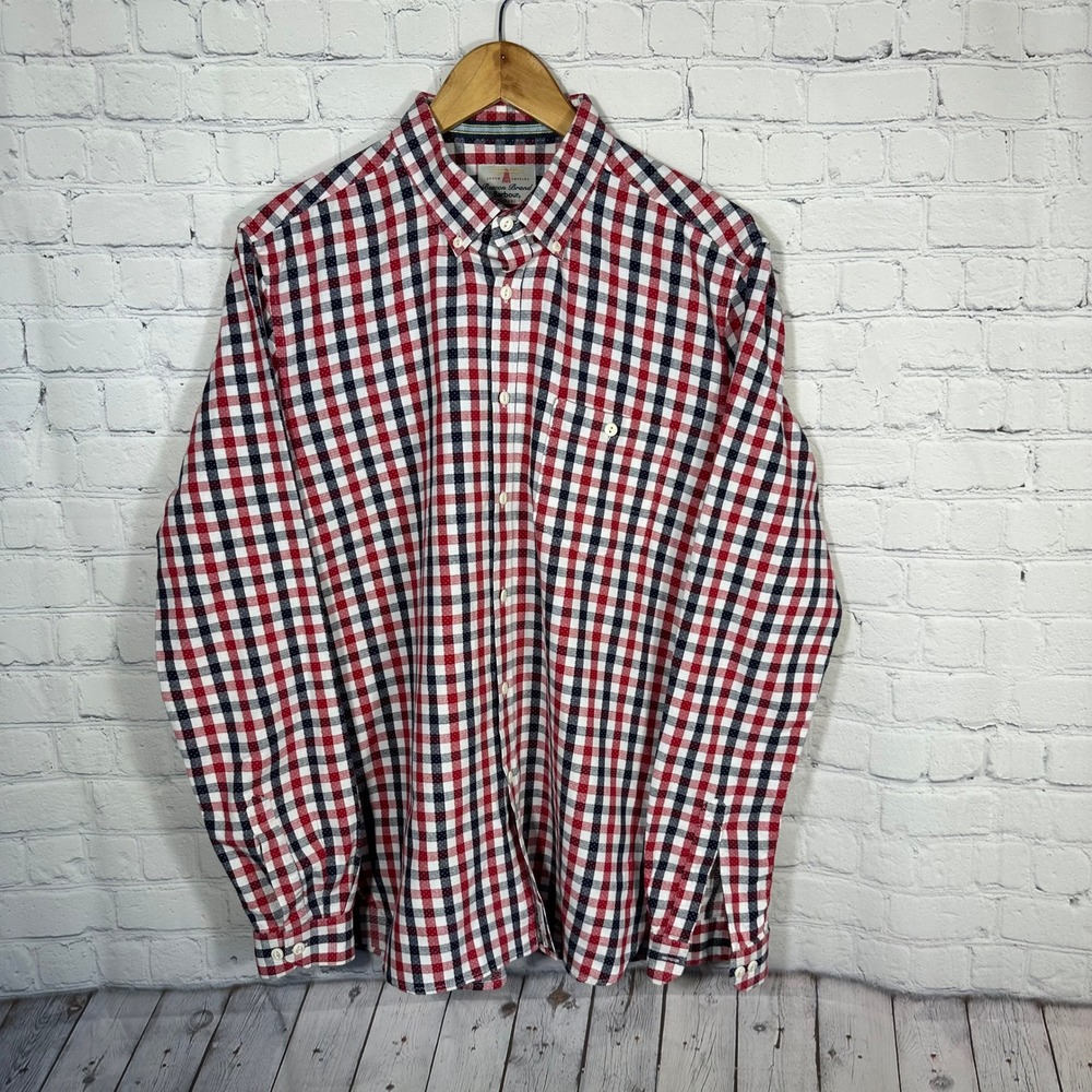 Barbour Beacon Brand Mens Slim Fit Gingham Check Button Down Shirt Red Blue L